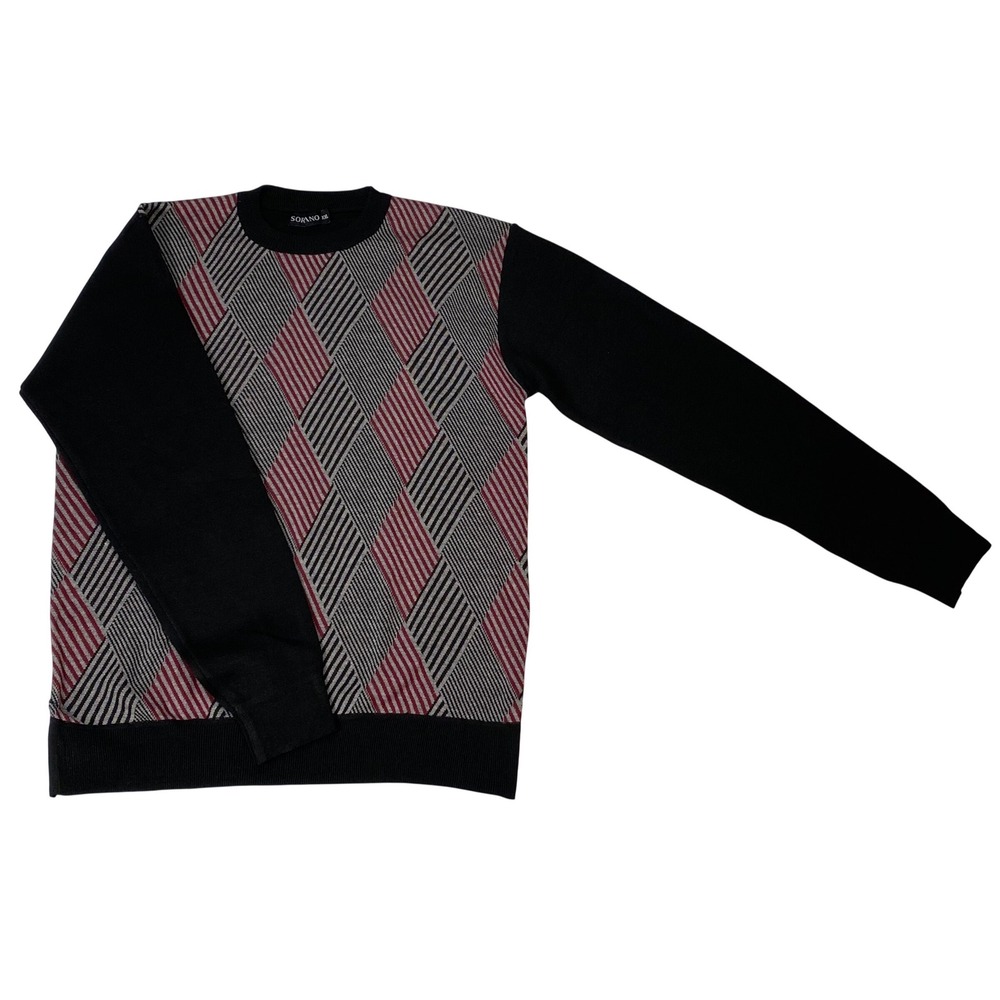 Sorano Mens XXL Crewneck Sweater Blk/Burgundy/gra Geometric Argyle Knit Pullover